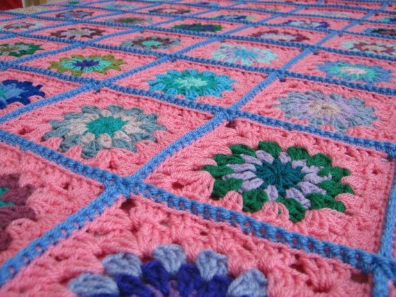 Powder Pink Large Granny Square Crochet Blanket Afghan Vintage Style 60 x 60